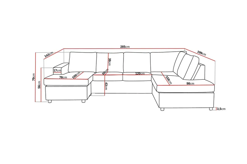 Crazy 4-seters Høyrevendt U-formet Large Sofa med Divan og Sjeselong i Stoff - Antrasitt - Møbler - Sofaer - Sofaer med sjeselong - 4 seters sofa med divan