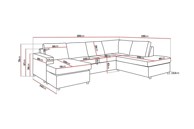 Crazy 4-seters Høyrevendt U-formet Large Sofa med Divan og Sjeselong i Stoff - Antrasitt - Møbler - Sofaer - Sofaer med sjeselong - 4 seters sofa med divan