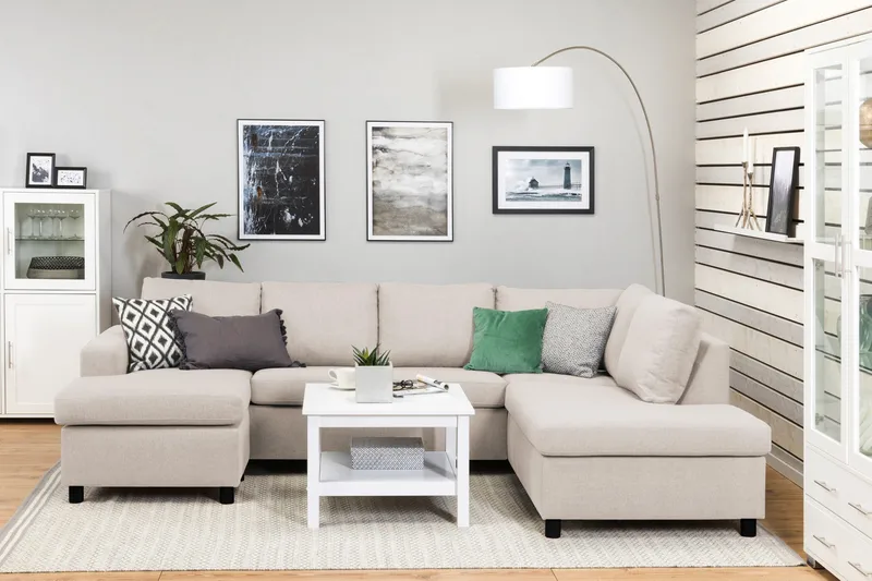 Crazy 4-seters Høyrevendt U-formet Large Sofa med Divan og Sjeselong i Stoff - Beige - Møbler - Sofaer - Sofaer med sjeselong - 4 seters sofa med divan