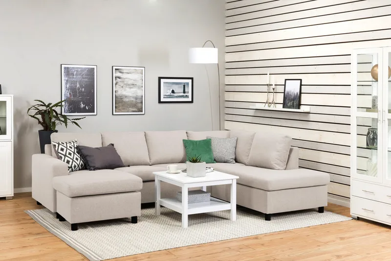 Crazy 4-seters Høyrevendt U-formet Large Sofa med Divan og Sjeselong i Stoff - Beige - Møbler - Sofaer - Sofaer med sjeselong - 4 seters sofa med divan