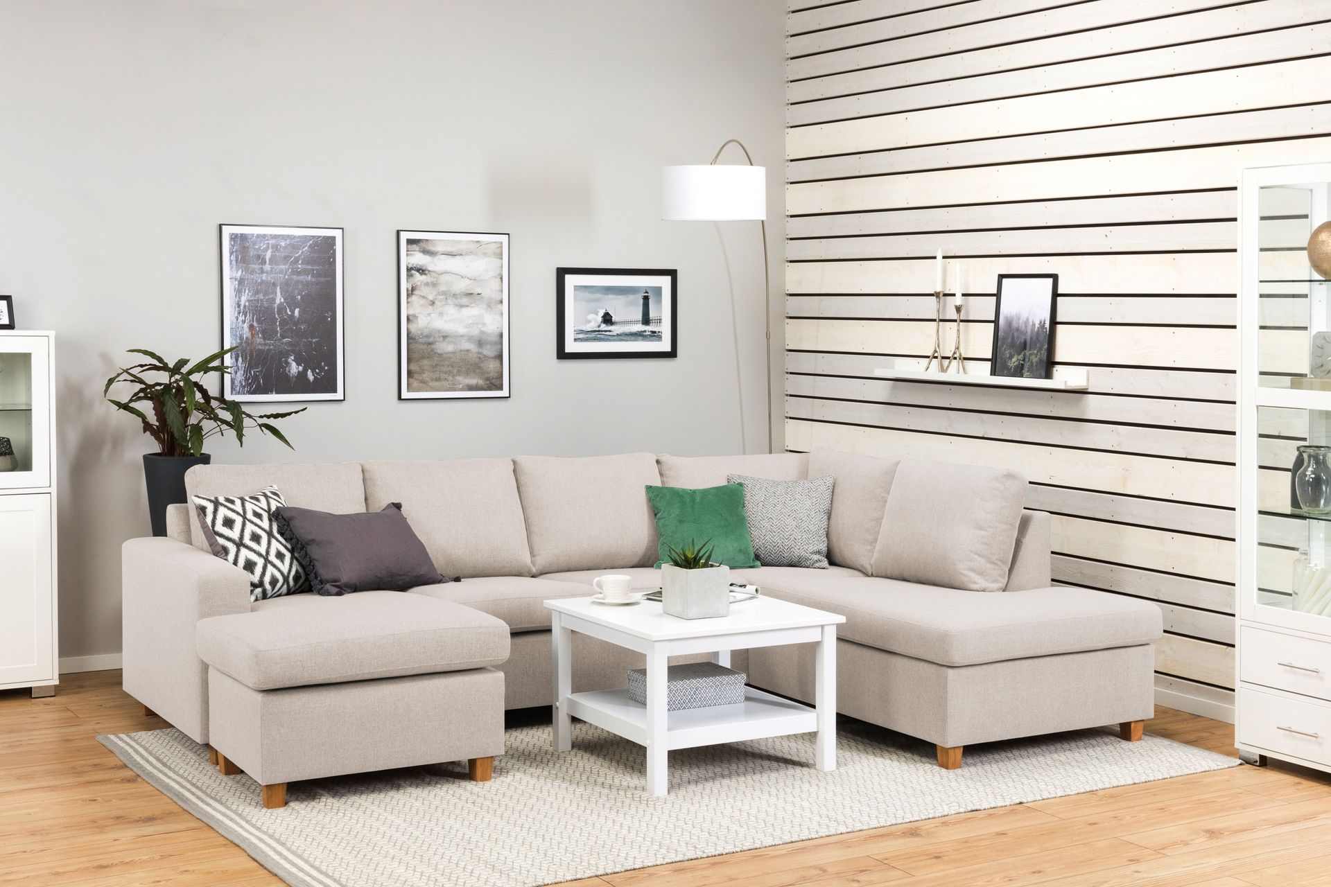 Crazy 4-seters Høyrevendt U-formet Large Sofa med Divan og Sjeselong i Stoff - Beige - Møbler - Sofaer - Sofaer med sjeselong - 4 seters sofa med divan