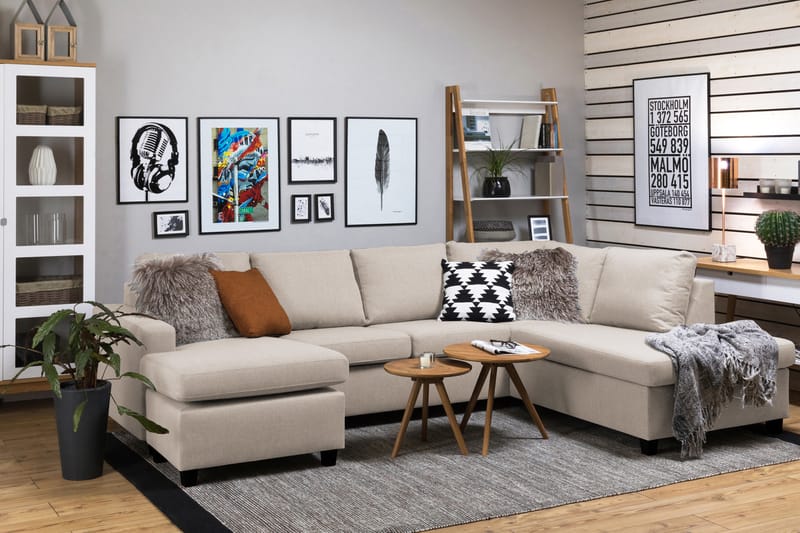 Crazy 4-seters Høyrevendt U-formet Large Sofa med Divan og Sjeselong i Stoff - Beige - Møbler - Sofaer - Sofaer med sjeselong - 4 seters sofa med divan