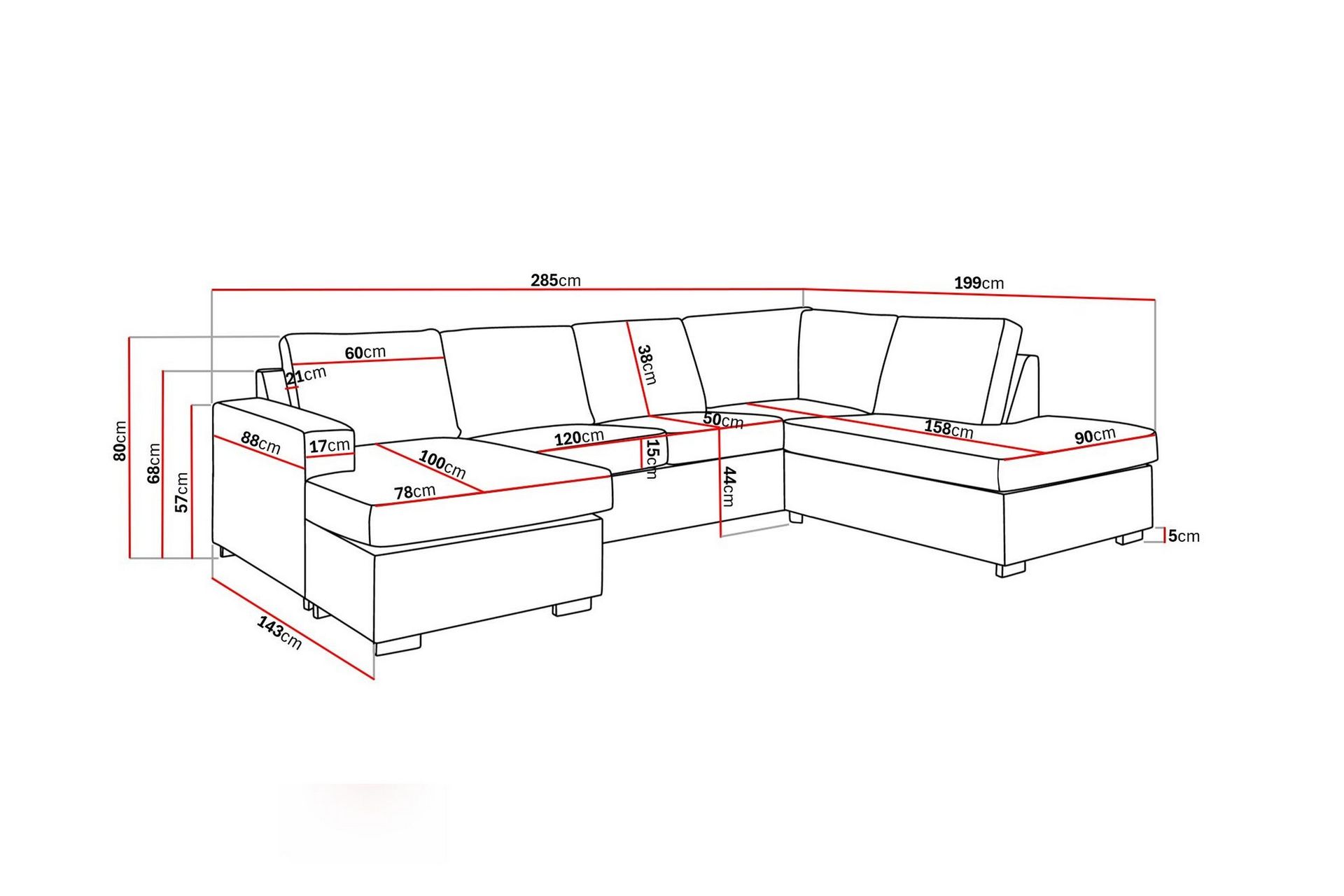 Crazy 4-seters Høyrevendt U-formet Large Sofa med Divan og Sjeselong i Stoff - Mørk grå - Møbler - Sofaer - Sofaer med sjeselong - 4 seters sofa med divan