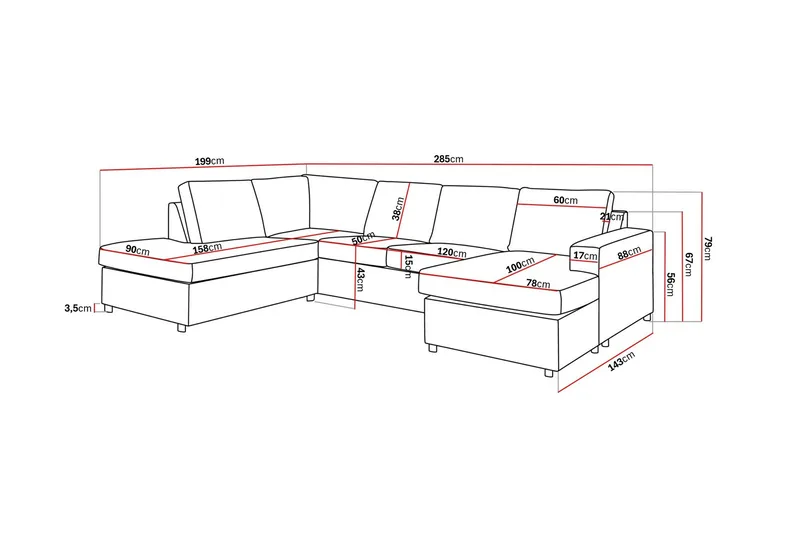 Crazy 4-seters Venstrevendt U-formet Large Sofa med Divan og Sjeselong i Stoff - Antrasitt - Møbler - Sofaer - Sofaer med sjeselong - 4 seters sofa med divan