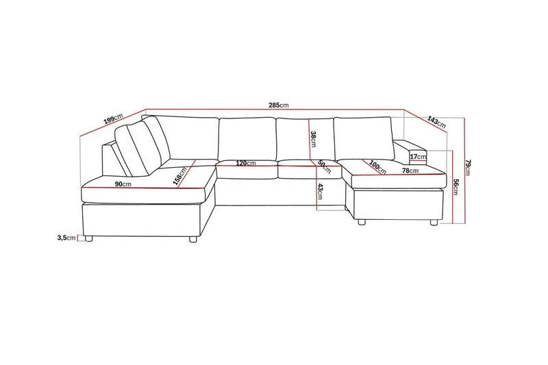 Crazy 4-seters Venstrevendt U-formet Large Sofa med Divan og Sjeselong i Stoff - Antrasitt - Møbler - Sofaer - Sofaer med sjeselong - 4 seters sofa med divan