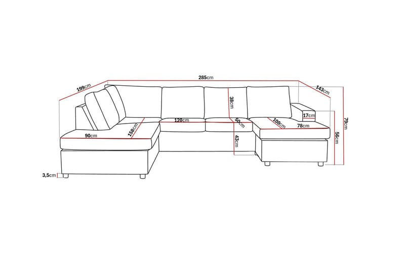 Crazy 4-seters Venstrevendt U-formet Large Sofa med Divan og Sjeselong i Stoff - Antrasitt - Møbler - Sofaer - Sofaer med sjeselong - 4 seters sofa med divan