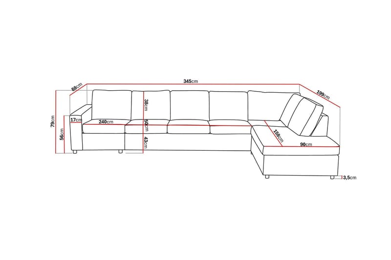 Crazy 5-seters Høyrevendt L-formet Sjeselongsofa i Stoff - Antrasitt - Møbler - Sofaer - Sofaer med sjeselong - 4 seters sofa med divan