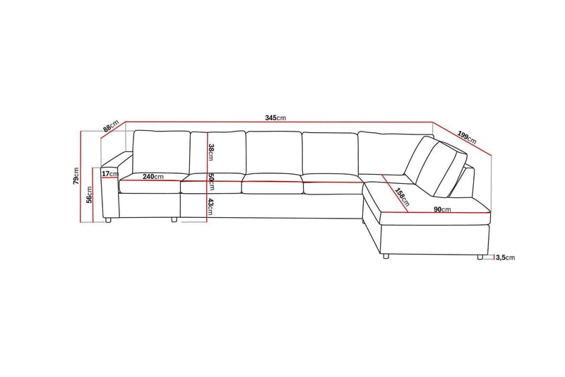 Crazy 5-seters Høyrevendt L-formet Sjeselongsofa i Stoff - Antrasitt - Møbler - Sofaer - Sofaer med sjeselong - 4 seters sofa med divan