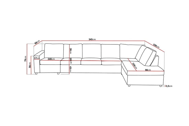 Crazy 5-seters Høyrevendt L-formet Sjeselongsofa i Stoff - Antrasitt - Møbler - Sofaer - Sofaer med sjeselong - 4 seters sofa med divan
