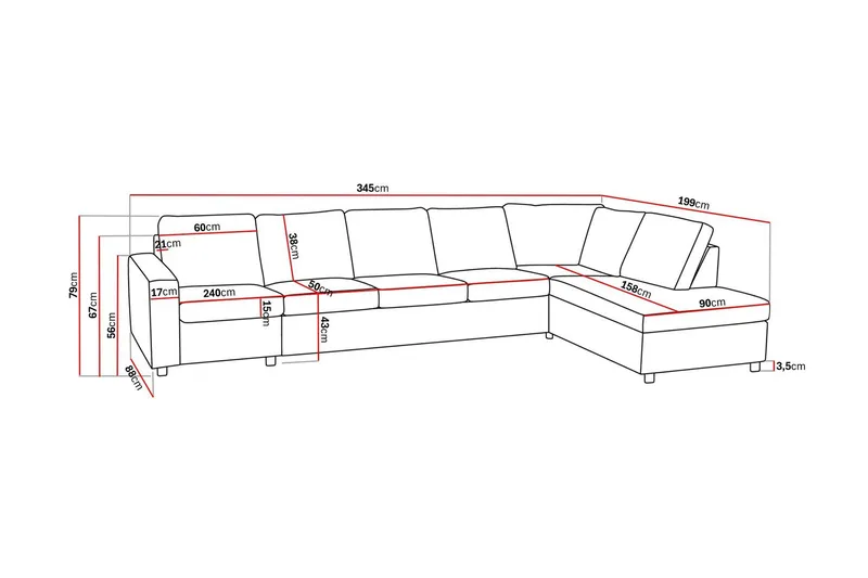 Crazy 5-seters Høyrevendt L-formet Sjeselongsofa i Stoff - Antrasitt - Møbler - Sofaer - Sofaer med sjeselong - 4 seters sofa med divan