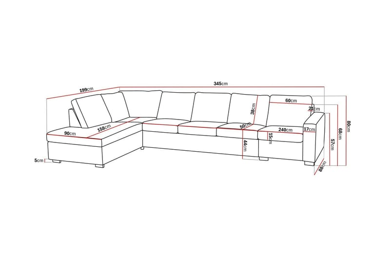 Crazy 5-seters Venstrevendt L-formet Sjeselongsofa i Stoff - Grå - Møbler - Sofaer - Sofaer med sjeselong - 4 seters sofa med divan