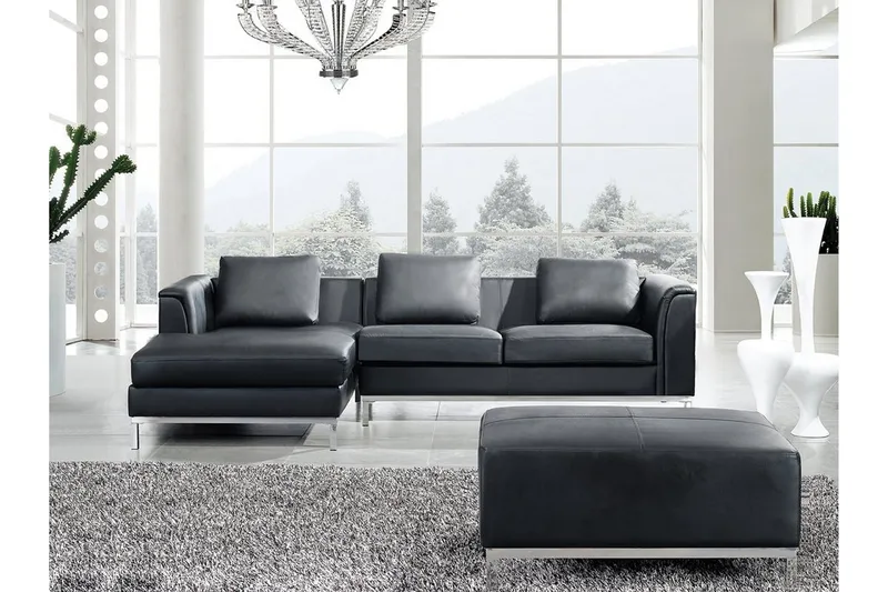 Hjørnesofa Sharmon Høyre + Fotskammel, Svart/Lær
