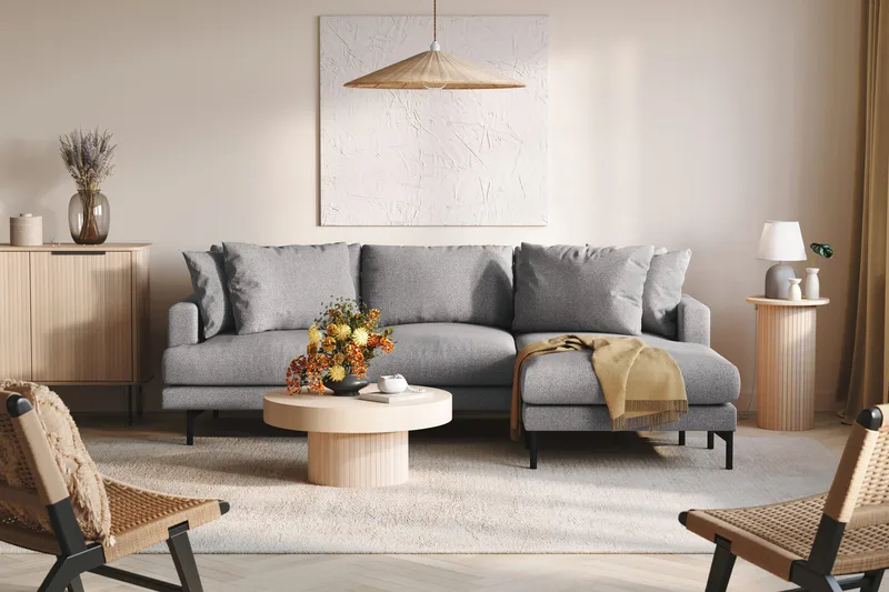 Menard 3-seters Høyrevendt L-formet Divansofa i Stoff - Grå - Møbler - Sofaer - Sofaer med sjeselong - 3 seters sofa med divan