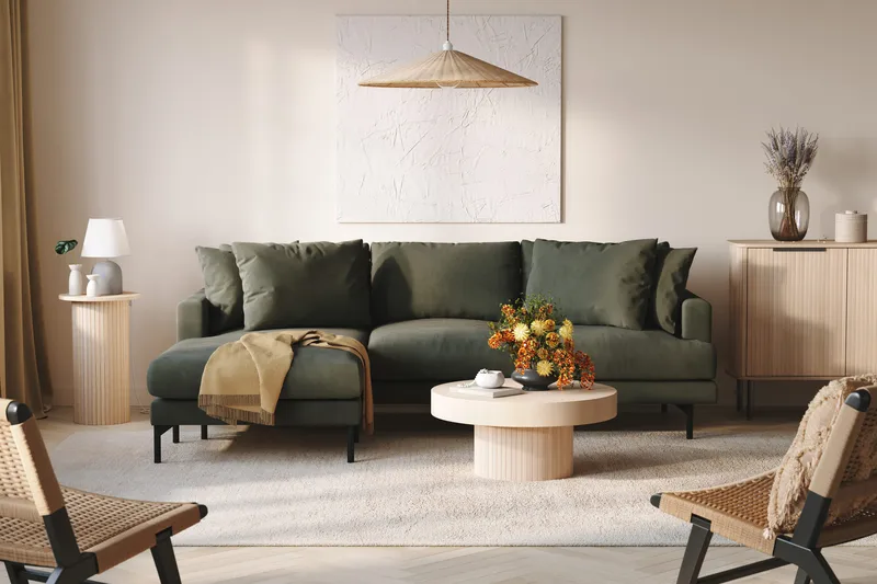 Menard 3-seters Venstrevendt L-formet Divansofa i Manchester - Mørk grønn - Møbler - Sofaer - Sofaer med sjeselong - 3 seters sofa med divan