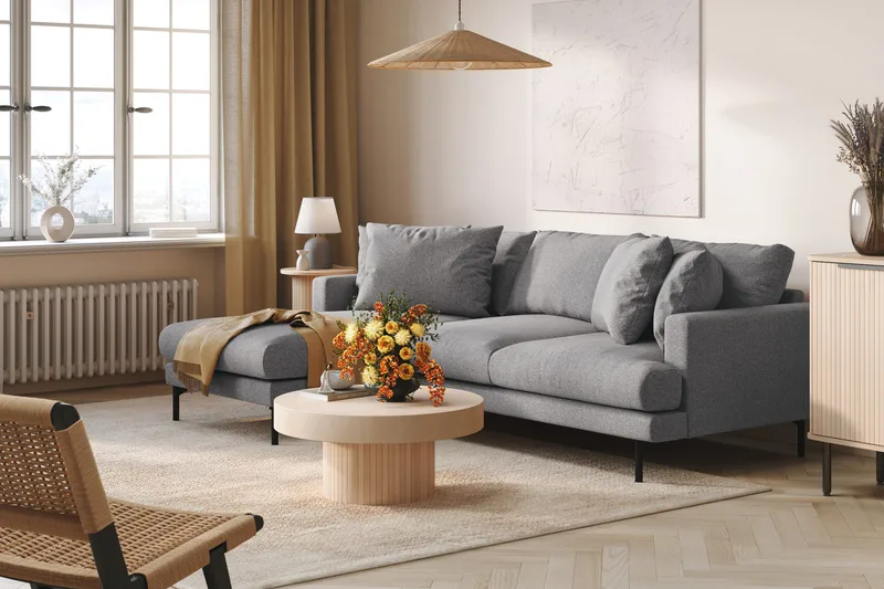 Menard 3-seters Venstrevendt L-formet Divansofa i Stoff - Grå - Møbler - Sofaer - Sofaer med sjeselong - 3 seters sofa med divan