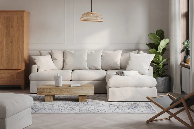 Menard 4-seters Høyrevendt Dyp L-formet Sjeselongsofa i Stoff - Beige - Møbler - Sofaer - Sofaer med sjeselong - 4 seters sofa med divan