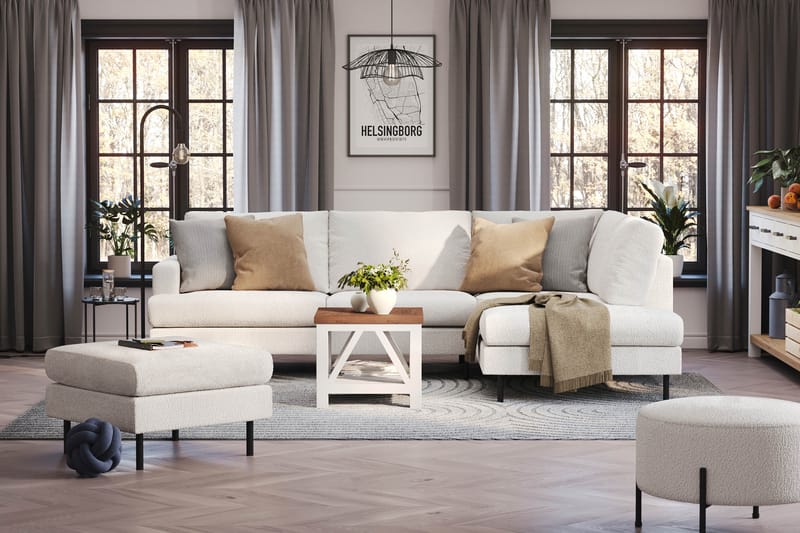Menard Compact 4-seters Høyrevendt L-formet Sjeselongsofa i Bouclé - Hvit - Møbler - Sofaer - Sofaer med sjeselong - 4 seters sofa med divan