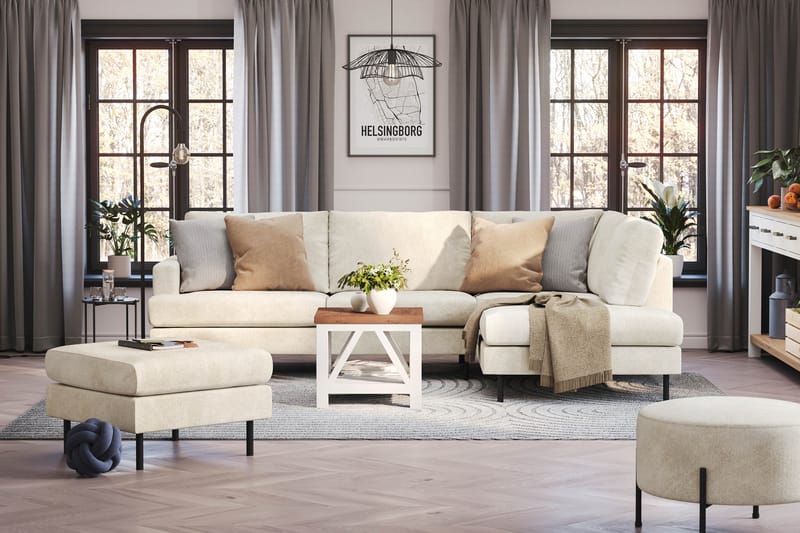 Menard Compact 4-seters Høyrevendt L-formet Sjeselongsofa i Fløyel - Kremhvit - Møbler - Sofaer - Sofaer med sjeselong - 4 seters sofa med divan