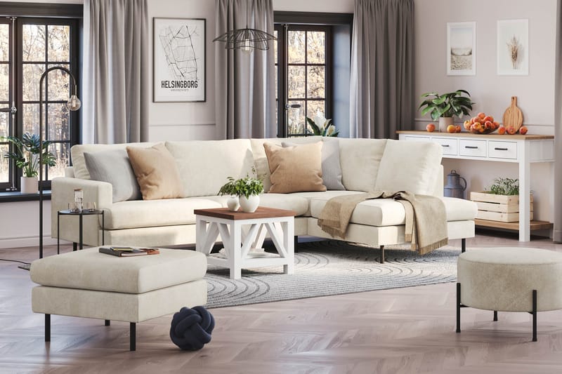 Menard Compact 4-seters Høyrevendt L-formet Sjeselongsofa i Fløyel - Kremhvit - Møbler - Sofaer - Sofaer med sjeselong - 4 seters sofa med divan