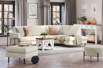 Menard Compact 4-seters Høyrevendt L-formet Sjeselongsofa i Fløyel - Kremhvit - Møbler - Sofaer - Sofaer med sjeselong - 4 seters sofa med divan
