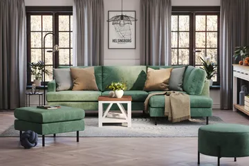 Menard Compact 4-seters Høyrevendt L-formet Sjeselongsofa i Fløyel - Mørk grønn - Møbler - Sofaer - Sofaer med sjeselong - 4 seters sofa med divan