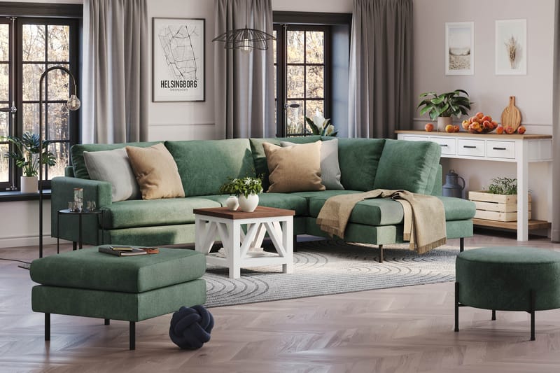 Menard Compact 4-seters Høyrevendt L-formet Sjeselongsofa i Fløyel - Mørk grønn - Møbler - Sofaer - Sofaer med sjeselong - 4 seters sofa med divan