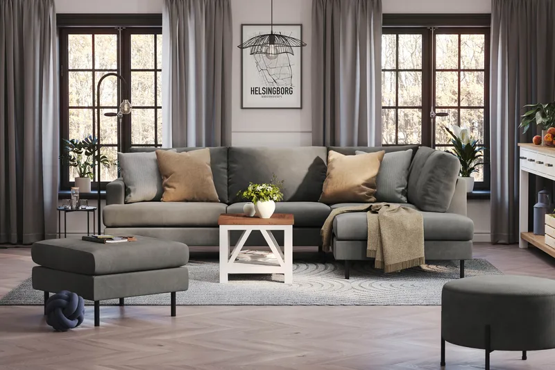 Menard Compact 4-seters Høyrevendt L-formet Sjeselongsofa i Manchester - Grå - Møbler - Sofaer - Sofaer med sjeselong - 4 seters sofa med divan
