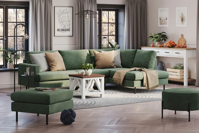 Menard Compact 4-seters Høyrevendt L-formet Sjeselongsofa i Manchester - Grønn - Møbler - Sofaer - Sofaer med sjeselong - 4 seters sofa med divan