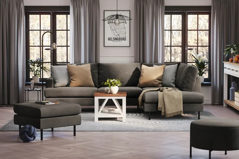 Menard Compact 4-seters Høyrevendt L-formet Sjeselongsofa i Manchester - Mørk grå - Møbler - Sofaer - Sofaer med sjeselong - 4 seters sofa med divan
