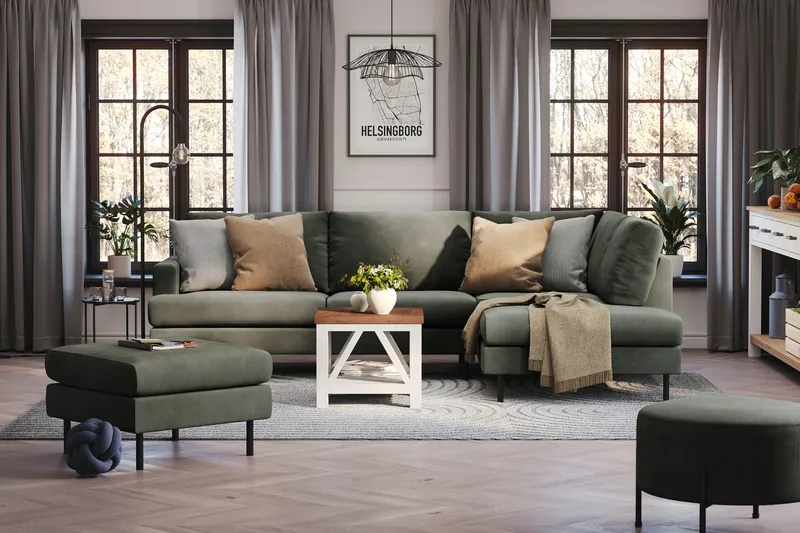 Menard Compact 4-seters Høyrevendt L-formet Sjeselongsofa i Manchester - Mørk grønn - Møbler - Sofaer - Sofaer med sjeselong - 4 seters sofa med divan