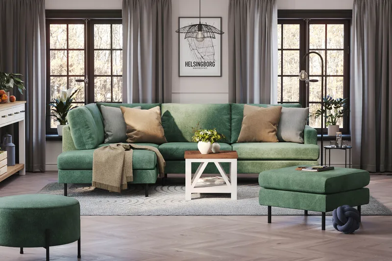 Menard Compact 4-seters Venstrevendt L-formet Sjeselongsofa i Fløyel - Mørk grønn - Møbler - Sofaer - Sofaer med sjeselong - 4 seters sofa med divan