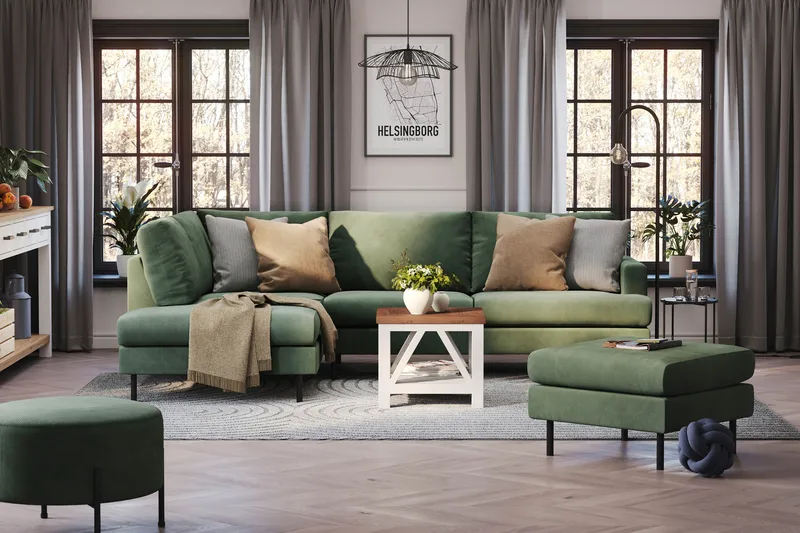 Menard Compact 4-seters Venstrevendt L-formet Sjeselongsofa i Manchester - Grønn - Møbler - Sofaer - Sofaer med sjeselong - 4 seters sofa med divan