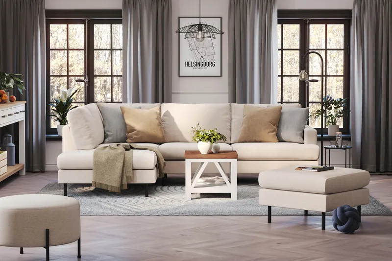 Menard Compact 4-seters Venstrevendt L-formet Sjeselongsofa i Stoff - Beige - Møbler - Sofaer - Sofaer med sjeselong - 4 seters sofa med divan