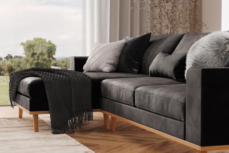 Copenhagen 4-seters Venstrevendt L-formet Divansofa i Fløyel - Mørk grå - Møbler - Sofaer - Sofaer med sjeselong - 4 seters sofa med divan