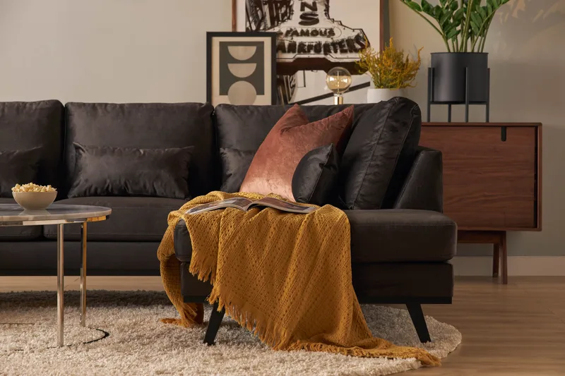 Copenhagen Compact 4-seters Høyrevendt U-formet Large Sofa med Divan og Sjeselong i Fløyel - Mørk grå - Møbler - Sofaer - Sofaer med sjeselong - 4 seters sofa med divan