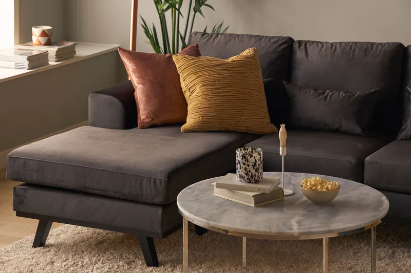 Copenhagen Compact 4-seters Høyrevendt U-formet Large Sofa med Divan og Sjeselong i Fløyel - Mørk grå - Møbler - Sofaer - Sofaer med sjeselong - 4 seters sofa med divan