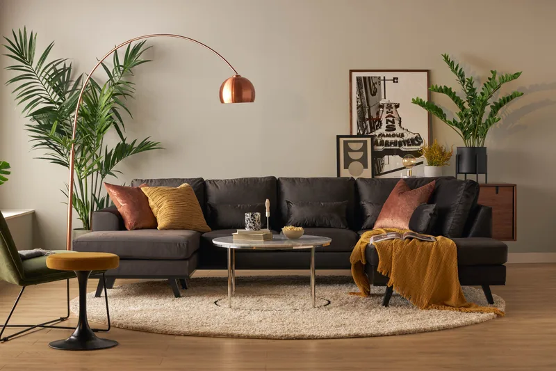 Copenhagen Compact 4-seters Høyrevendt U-formet Large Sofa med Divan og Sjeselong i Fløyel - Mørk grå - Møbler - Sofaer - Sofaer med sjeselong - 4 seters sofa med divan