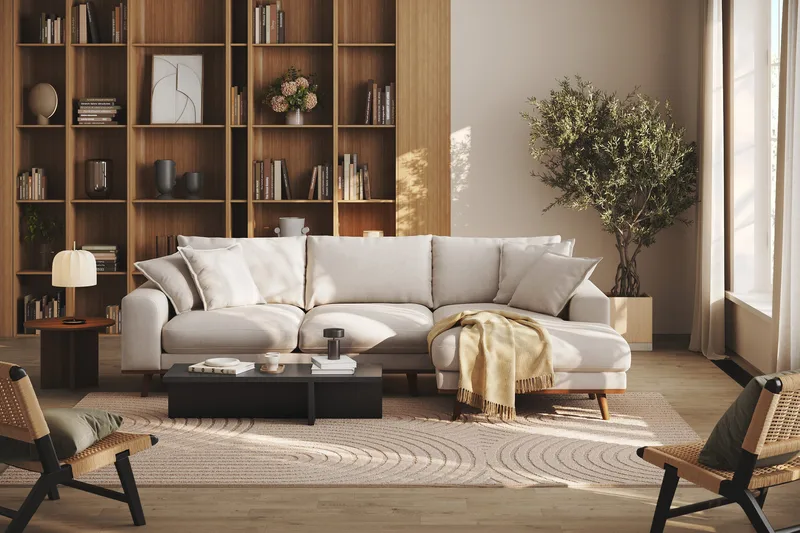 Copenhagen Premium 4-personers Højrevendt L-formet Dyb Divansofa i Stoff - Beige - Møbler - Sofaer - Sofaer med sjeselong - 3 seters sofa med divan