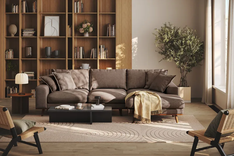 Copenhagen Premium 4-personers Højrevendt L-formet Dyb Divansofa i Stoff - Mørkebrun - Møbler - Sofaer - Sofaer med sjeselong - 3 seters sofa med divan