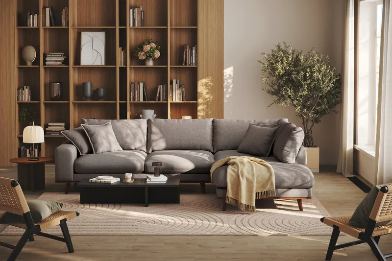 Copenhagen Premium 4-personers Højrevendt L-formet Dyb Chaiselongsofa i Stoff - Brun - Møbler - Sofaer - Sofaer med sjeselong - 4 seters sofa med divan