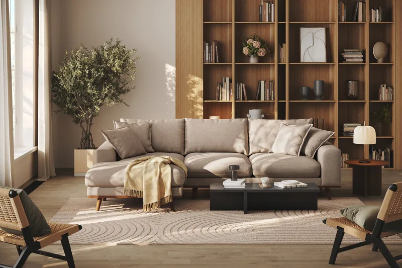 Copenhagen Premium 4-personers Venstrevendt L-formet Dyb Divansofa i Stoff - Lyse brun - Møbler - Sofaer - Sofaer med sjeselong - 3 seters sofa med divan