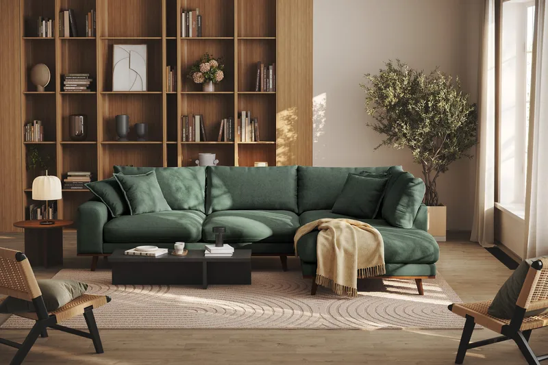 Copenhagen Premium 4-personers Højrevendt L-formet Dyb Chaiselongsofa i Stoff - Grön - Møbler - Sofaer - Sofaer med sjeselong - 4 seters sofa med divan