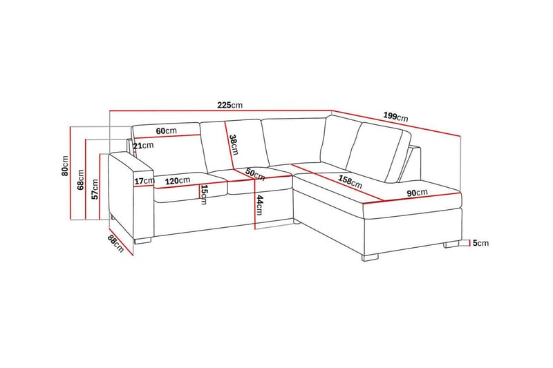 Crazy 3-seters Høyrevendt L-formet Sjeselongsofa i Kunstlær - Svart - Møbler - Sofaer - Sofaer med sjeselong - 2 seters sofa med divan