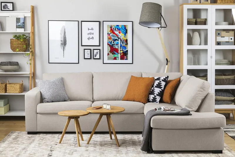 Crazy 3-seters Høyrevendt L-formet Sjeselongsofa i Stoff - Beige - Møbler - Sofaer - Sofaer med sjeselong - 3 seters sofa med divan