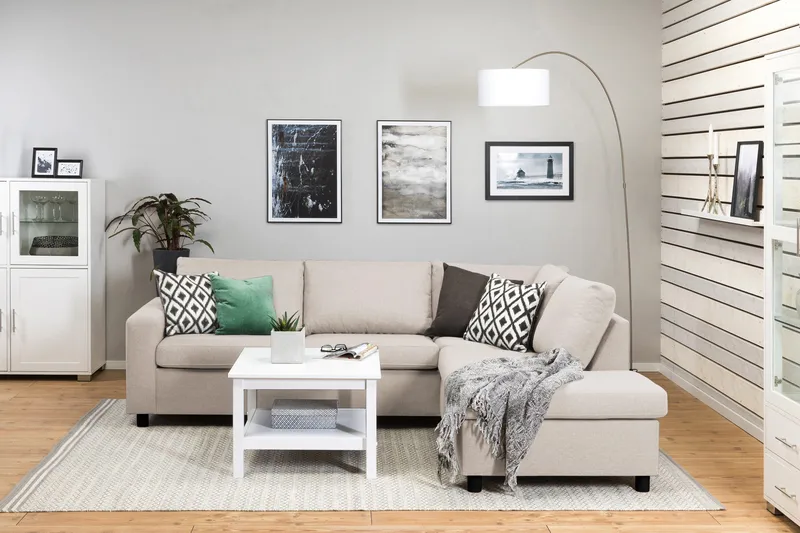 Crazy 3-seters Høyrevendt L-formet Sjeselongsofa i Stoff - Beige - Møbler - Sofaer - Sofaer med sjeselong - 3 seters sofa med divan