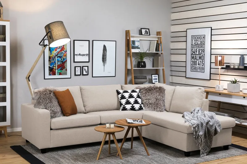 Crazy 3-seters Høyrevendt L-formet Sjeselongsofa i Stoff - Beige - Møbler - Sofaer - Sofaer med sjeselong - 3 seters sofa med divan