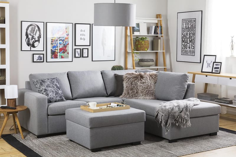 Crazy 3-seters Høyrevendt L-formet Sjeselongsofa i Stoff - Grå - Møbler - Sofaer - Sofaer med sjeselong - 2 seters sofa med divan