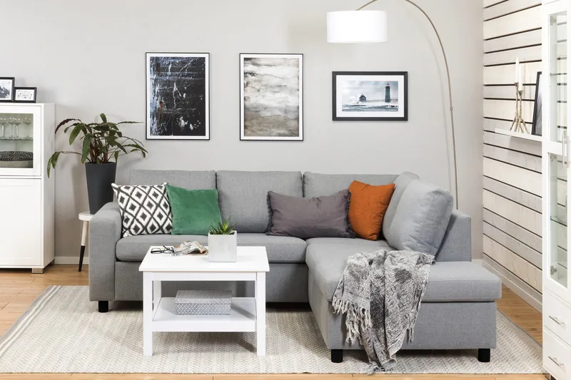 Crazy 3-seters Høyrevendt L-formet Sjeselongsofa i Stoff - Grå - Møbler - Sofaer - Sofaer med sjeselong - 2 seters sofa med divan
