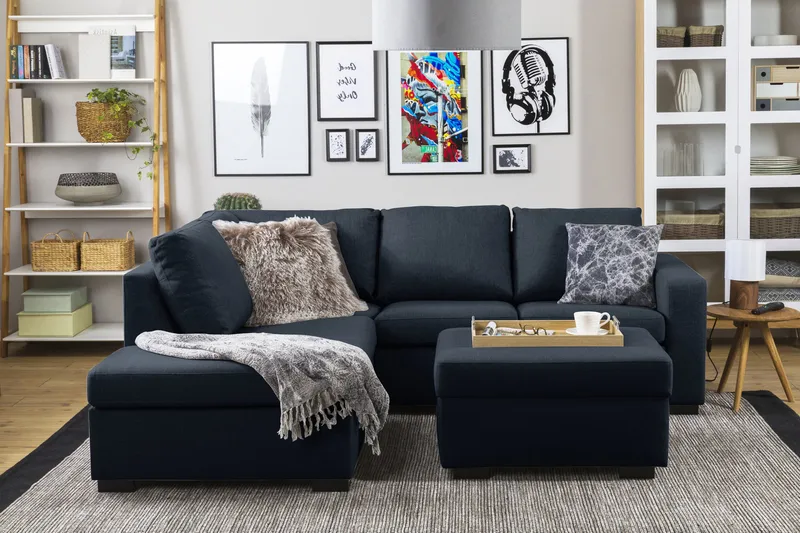 Crazy 3-seters Venstrevendt L-formet Sjeselongsofa i Stoff - Blå - Møbler - Sofaer - Sofaer med sjeselong - 3 seters sofa med divan