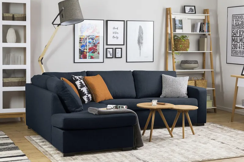 Crazy 3-seters Venstrevendt L-formet Sjeselongsofa i Stoff - Blå - Møbler - Sofaer - Sofaer med sjeselong